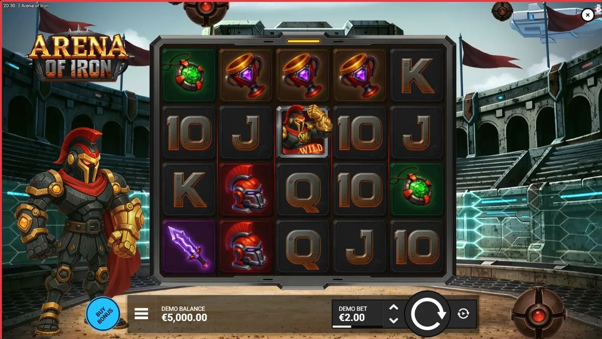 Tampilan visual futuristik dari slot Arena of Iron dengan tema gladiator robot.