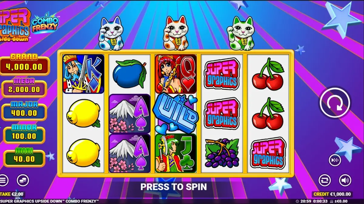 Tampilan visual slot Super Graphics Upside Down dengan tema anime dan kucing keberuntungan.